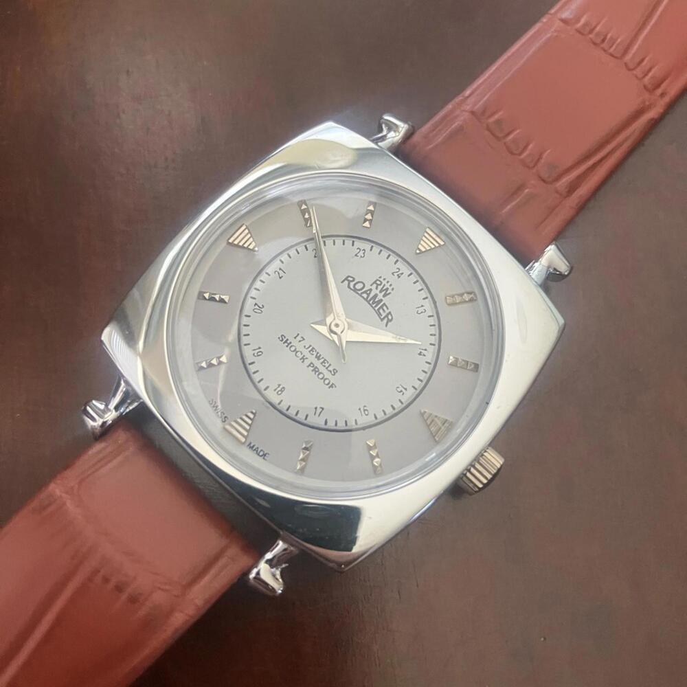Roamer vintage 36mm Silver Watch with Brown Leather Strap